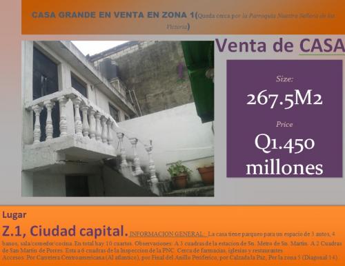 Venta de casa grande en Zona 1 , Ciudad Guatemala