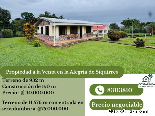 Propiedad a la venta en La  Alegria de Siquirres