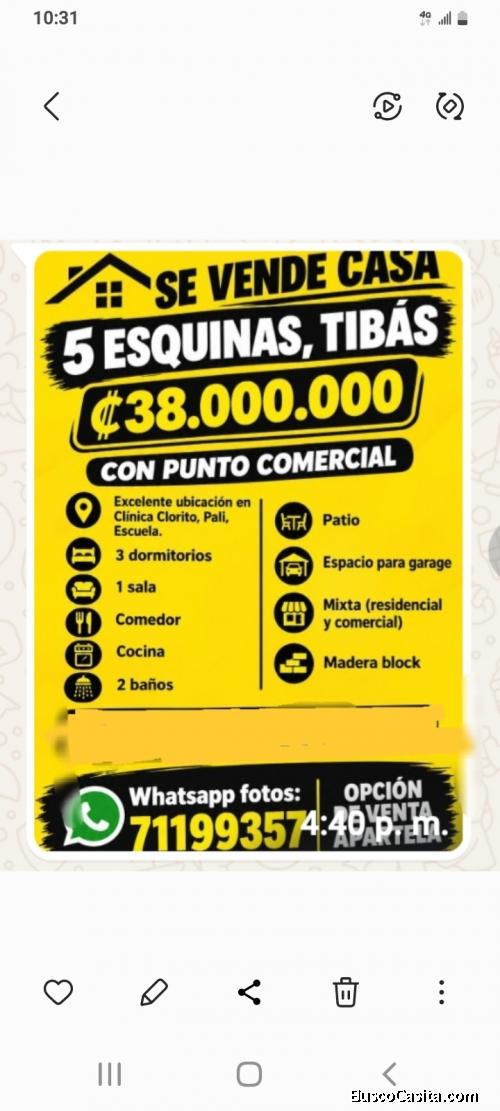 SE VENDE CASA CENTRICA 5 ESQUINAS TIVAS WATSSAP 71199357
