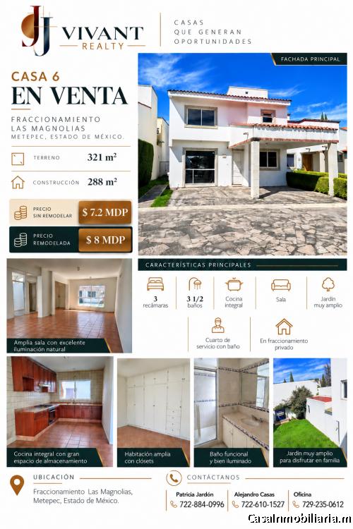 Casa 6 En Venta Ubicado en Fraccionamiento Las Magnolias, Metepec, Estado de México