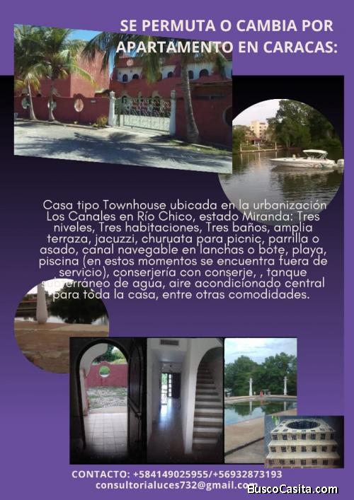 CAMBIO TOWN HOUSE  UBICADO EN RÍO CHICO- MIRANDA,  POR APARTAMENTO EN CARACAS. 