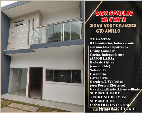 CASAS GEMELAS A ESTRENAR EN VENTA ZONA NORTE, 6to ANILLO Y BANZER 