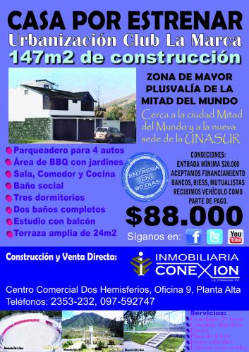 URBANIZACIÓN LA MARCA, SECTOR MITAD DEL MUNDO CASA POR ESTRENAR 147M2 $88.000 INF: 2353-232, 0997-592747