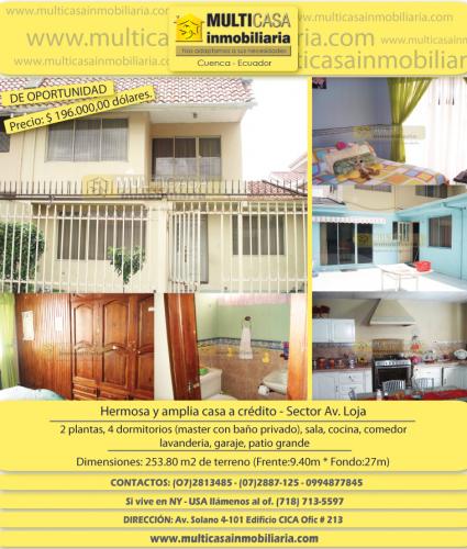 MulticasaInmobiliaria vende amplia casa de dos plantas, 4 dormitorios (Av. Loja)