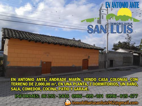 En Antonio Ante, Andrade Marín, Casa Colonial con 2.000 m² de terreno
