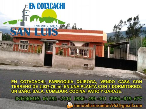 En Cotacachi, parroquia Quiroga, vendo casa con terreno de 2,937,76 m²