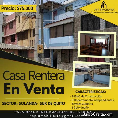 Venta de Casa Rentera Sector  Solanda Sur de Quito