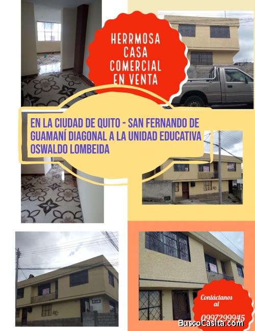 Casa esquinera, dos plantas, Quito sur. San Fernando de Guamaní, frente al colegio Oswaldo Lombeida