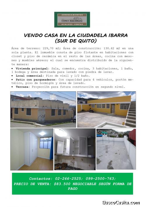 VENDO CASA EN LA CIUDADELA IBARRA (SUR DE QUITO)