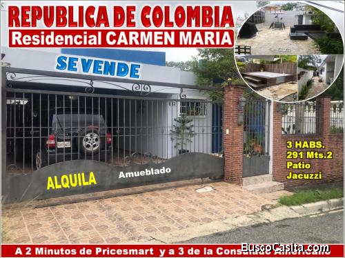 Vendo Casa AMUEBLADA en el Res. Carmen María, de  LA REPUBLICA DE COLOMBIA, 3 habs., 291 Mts.2, Pati