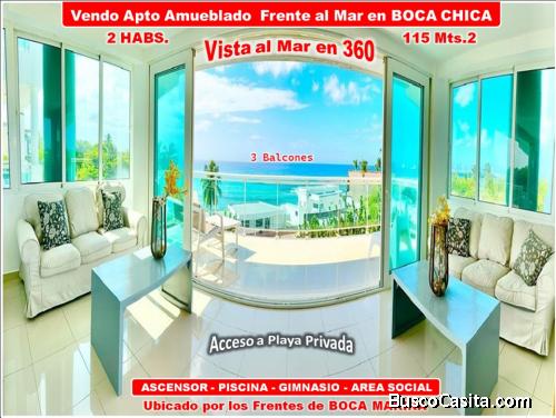 VENDO EXCLUSIVO APTO CON VISTA AL MAR DE 360 GRADOS EN BOCA CHICA, 2 HABS., 115 Mts.2, 3 BALCONES Y 